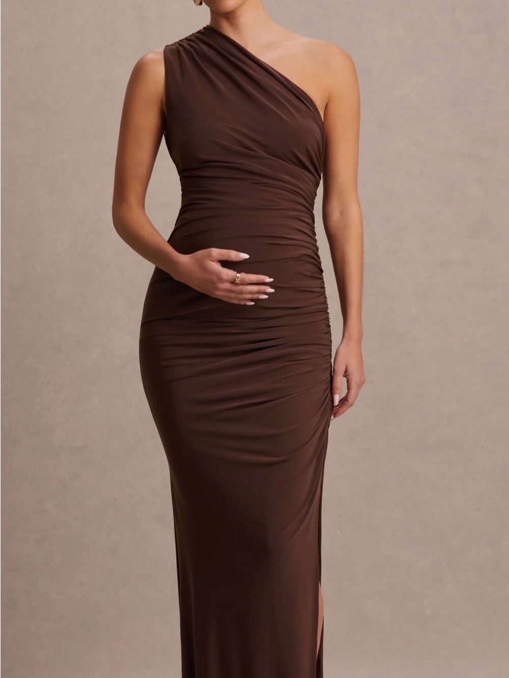 Asymmetrical One-Shoulder Brown Ruched Evening Gown